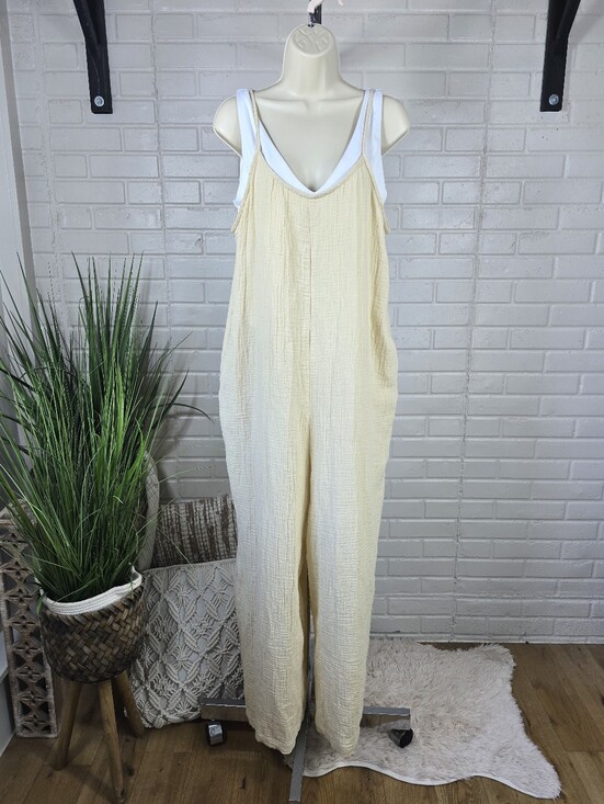 Hunter & Brown Pants - Hunter and Brown Cream Gauze Wide Leg Jumpsuit Size Large